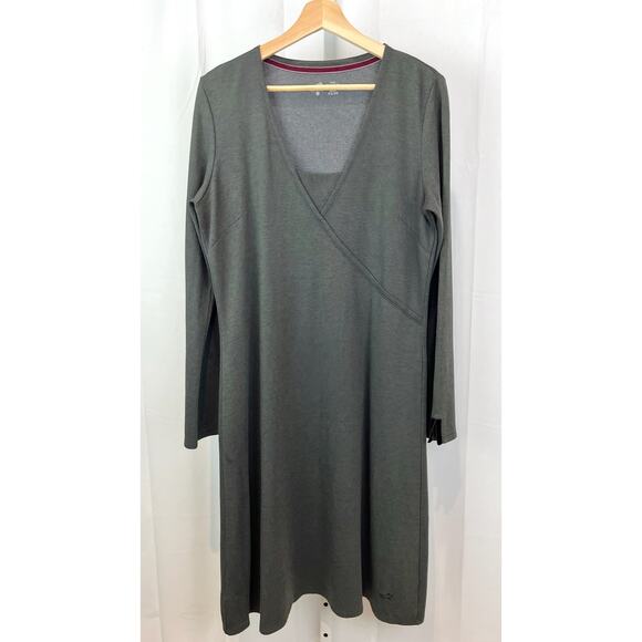 HORNY TOAD & Co Long Sleeve Flexcel Midi Dress Faux Wrap Stretch Knit Gray L - Picture 1 of 8